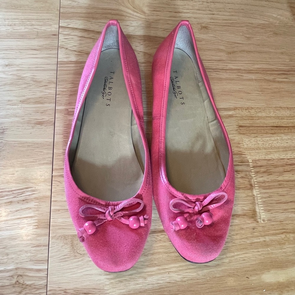 Talbots Pink Canvas Ballet Flats Bow Bead Detail Leather Sole Size 10.5B